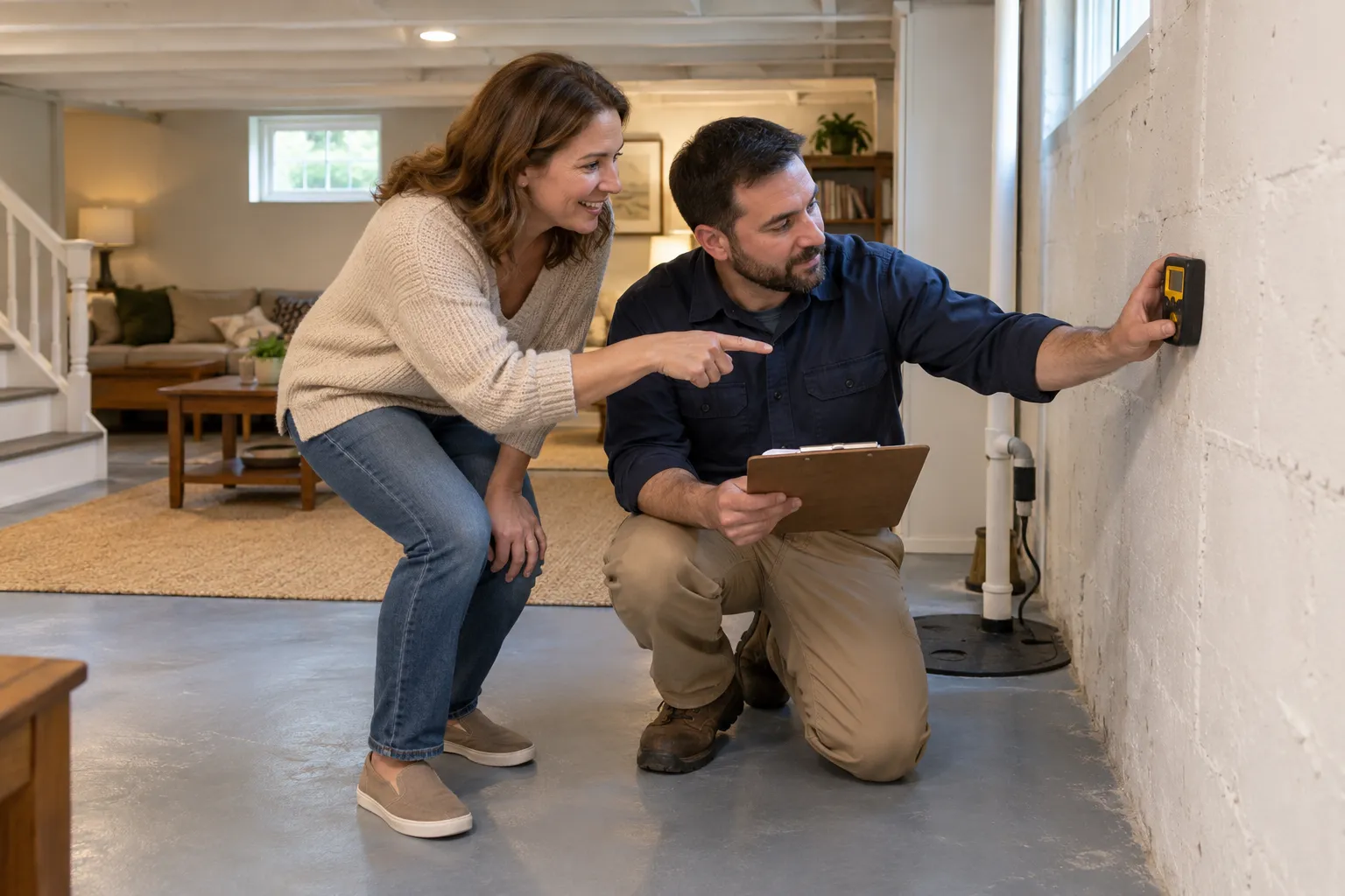 Homeowner in Kansas City talking with a mold provider in a basement