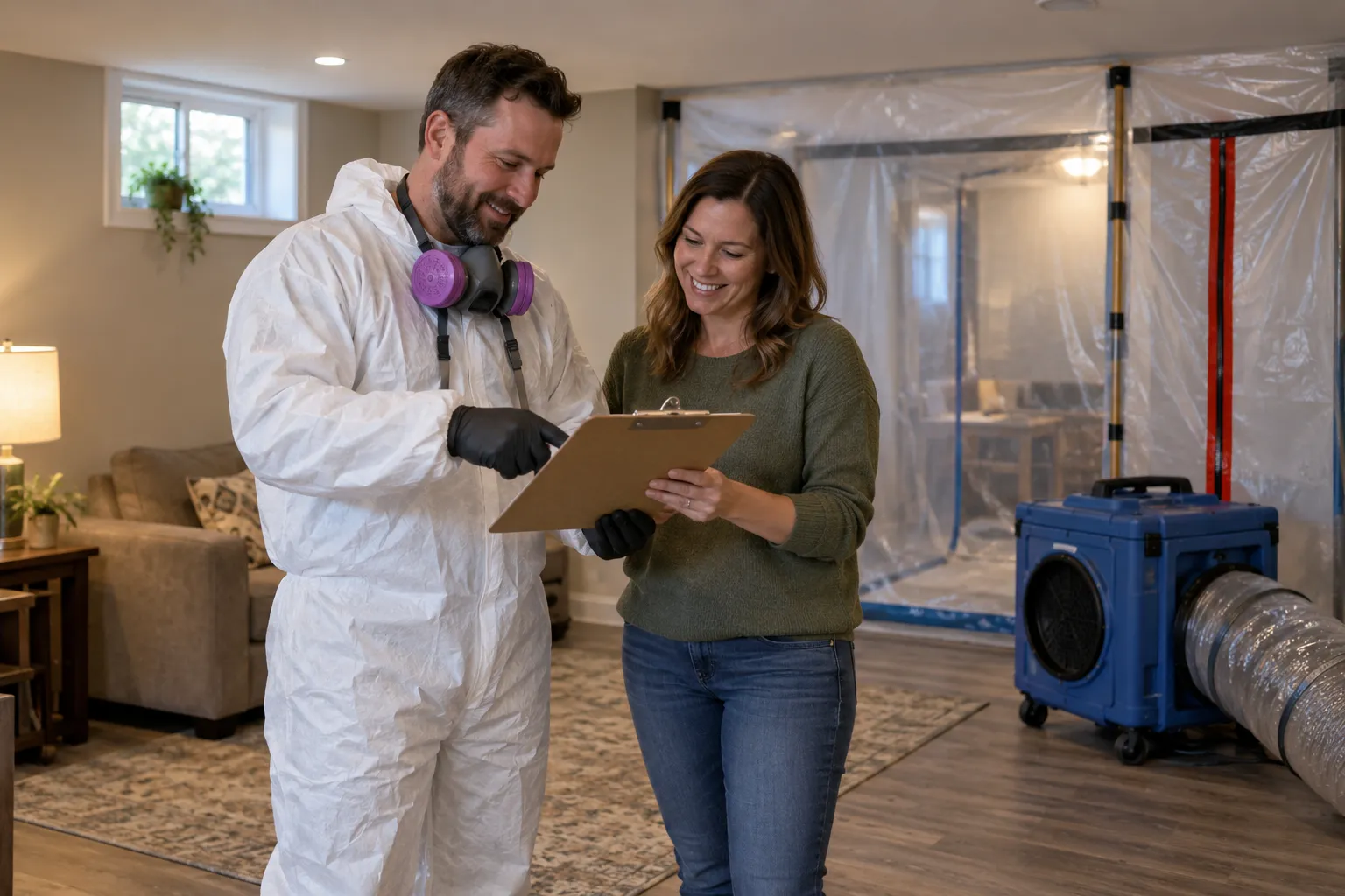 Friendly mold remediation provider speaking with a homeowner in a basement near Kansas City